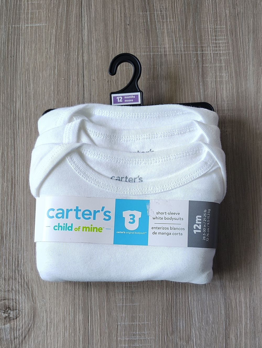 Carter's White Short-Sleeve Baby 3pk Bodysuits -12 Months